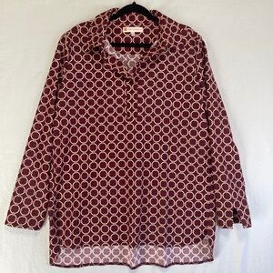 Jude Connally V neck Tunic Geometric Long Sleeve Top Size Large Maroon Burgundy